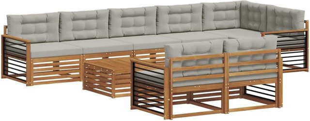 vidaXL Outdoor-Sofagarnitur in U-Form aus Akazienholz mit Kissen, Hellgrau und Natur - Bild 1