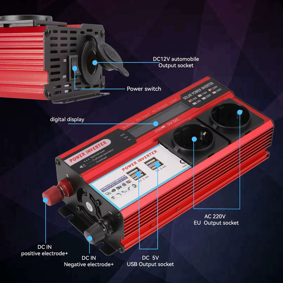 4000W Reiner Sinus-Wechselrichter DC 12V zu AC 220V/230V Transformator mit 4 USB-Steckdosen und LED-Anzeige in Rot - Bild 6