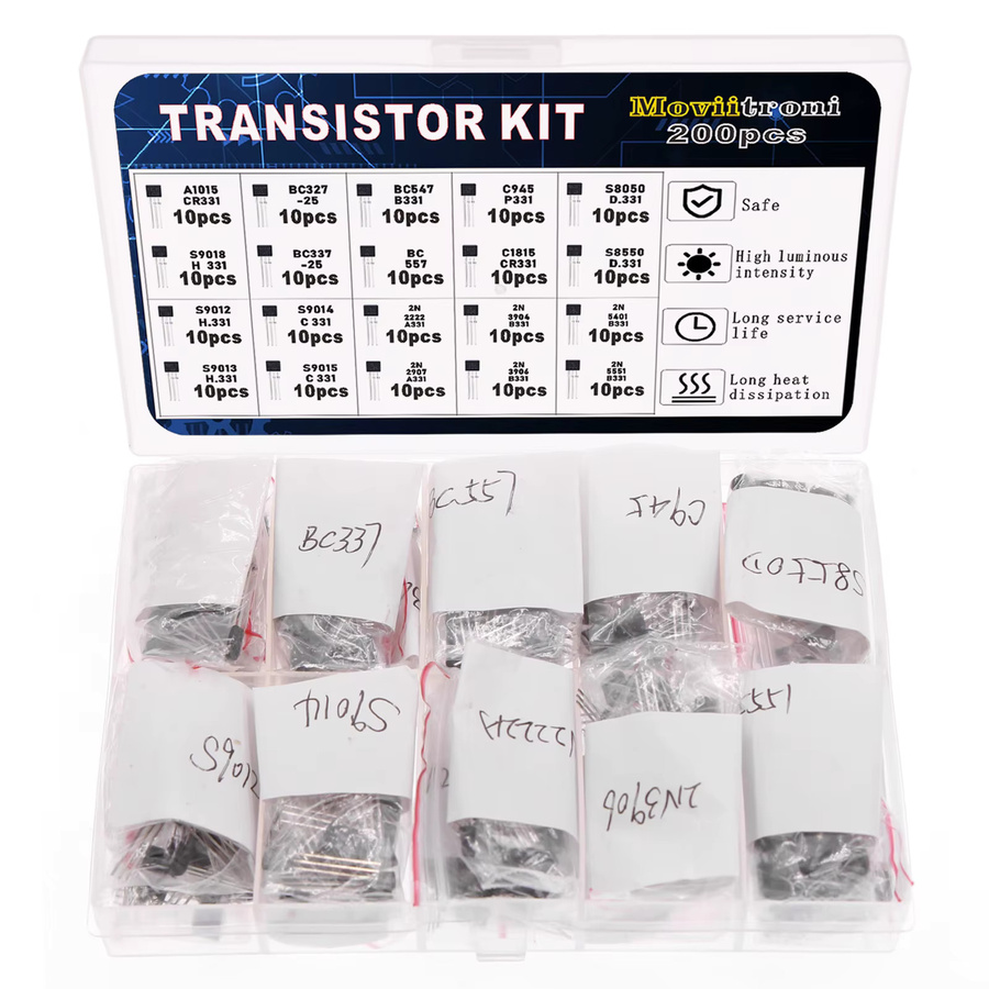 Moviitroni BJT Transistor Kit mit 200 Stück in Schwarz, 10 verschiedene Werte für NPN und PNP Bipolar Power Transistoren - Bild 2