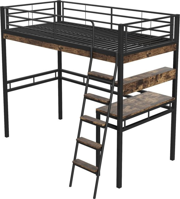 KOMHTOM Hochbett für Kinder mit Schreibtisch, Regalen, Geländer und Leiter aus Metall und MDF, Farbe: Schwarz, B/T/H: 90 x 200 x 180 cm - Bild 1