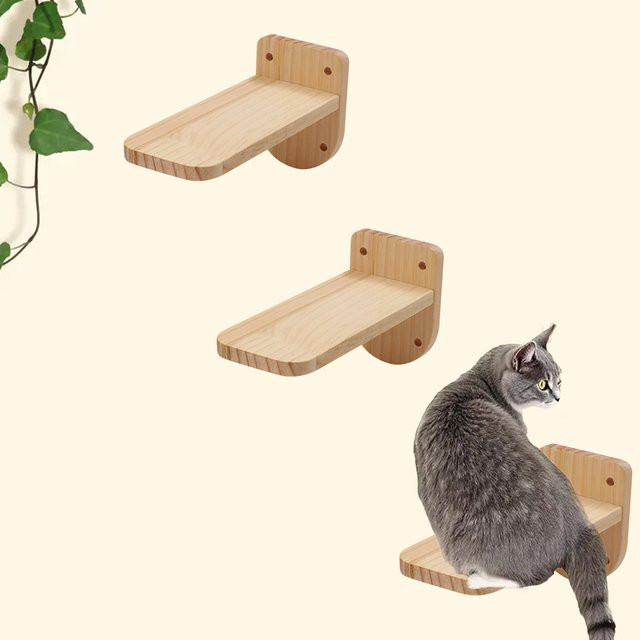CWV 3er-Set Katzenwand aus Naturholz in Braun, schwebende Kletterregale und Treppen zur Wandmontage im skandinavischen Design - Bild 1