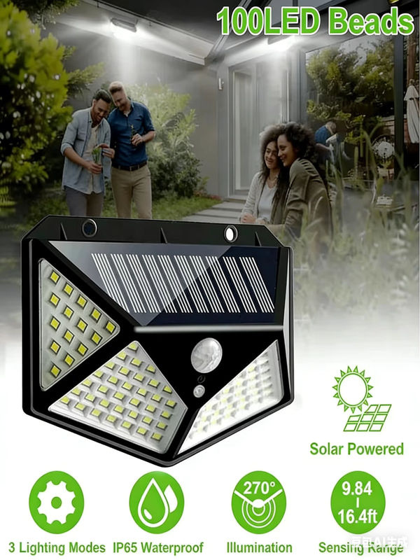 KDULIT Solar-LED-Wandleuchte mit 100 LEDs und Bewegungsmelder, wasserdichte Sicherheitsleuchte für Garten und Außenbereich, Schwarz - Bild 7