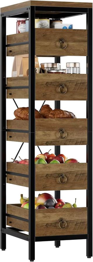 Garvee Schmales 5-stöckiges Küchenregal aus Metall mit Ausziehschubladen, Multifunktionaler Organizer für Küche, Wohnzimmer und Badezimmer, Farbe: Braun oder Rot, Matt - Bild 2