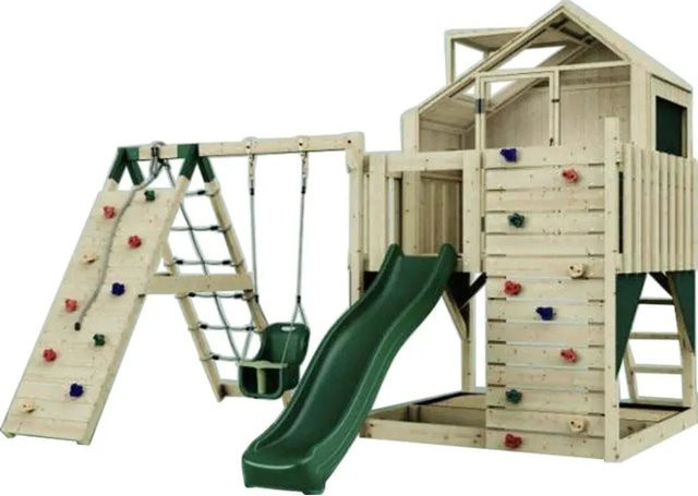 PolarPlay Spielturm Anika, Babyschaukel, Kletterwand, Rutsche, Grün, Holz - Bild 1