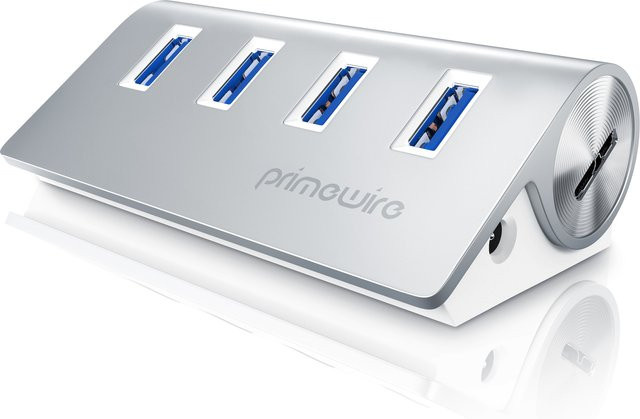 Primewire USB 3.2 Gen2 Hub Aktiv Verteiler mit Netzteil, 1x USB Typ A auf 4x USB 3.2 Gen2 Buchsen, Alugehäuse, Silber - Bild 1