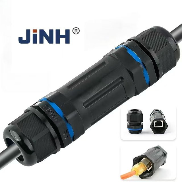 JINH IP68 RJ45 Netzwerk-Dockingstation für Outdoor-Anwendungen, wasserdichter Ethernet LAN Kabel-Extender Stecker, Schwarz - Bild 1