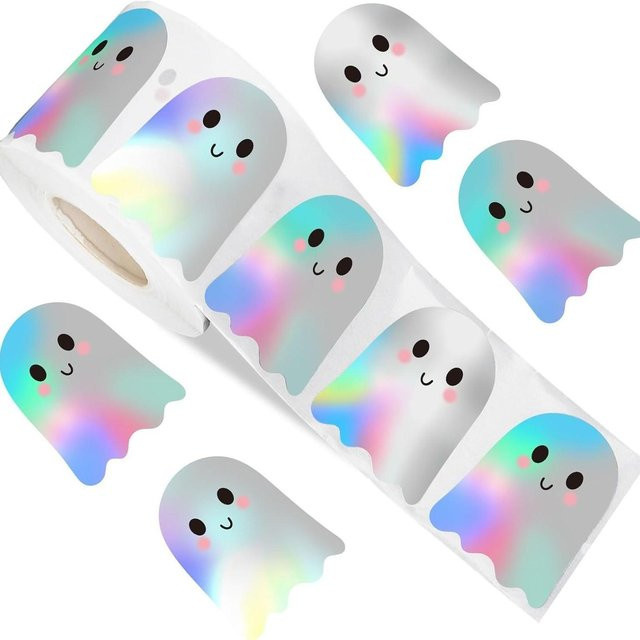 500 Stück Halloween Geister Aufkleber Rolle von Rui Di, dekorative selbstklebende Laser Aufkleber in Multicolour für deine Halloween Party und Gastgeschenke - Bild 1