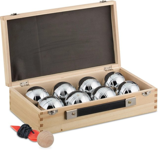 Relaxdays Boule Kugeln Set Stahl Silber mit Holzkoffer und Abstandsmesser - Bild 1