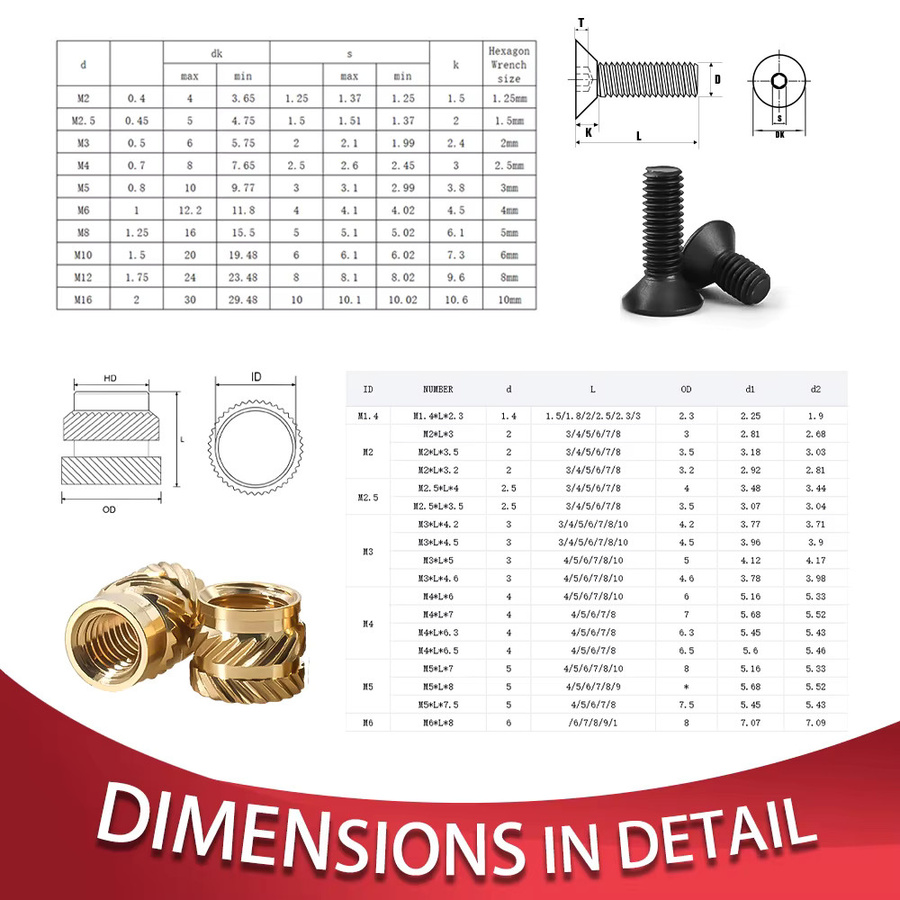 Edgar Gary Messing Wärmeeinsatz Mutter und Innensechskantschrauben Set für 3D-Drucker in Gold und Multicolour - Bild 2