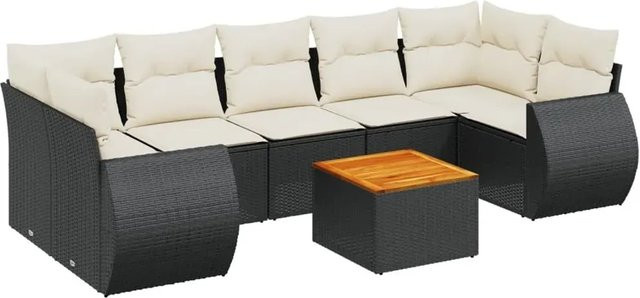 vidaXL 8-teilige Garten-Sofagarnitur aus Poly-Rattan und Akazienholz in Schwarz-Creme mit Kissen - Bild 1
