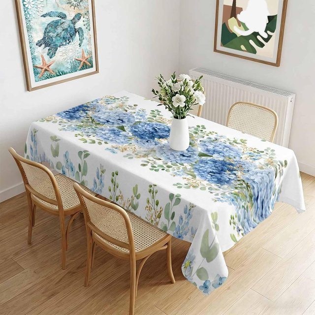 Wasserdichte Tischdecke von JINGYUE Pet mit blauem Aquarell-Hortensien-Blumenmuster, rechteckig, B/T: 100 x 160 cm - Bild 1