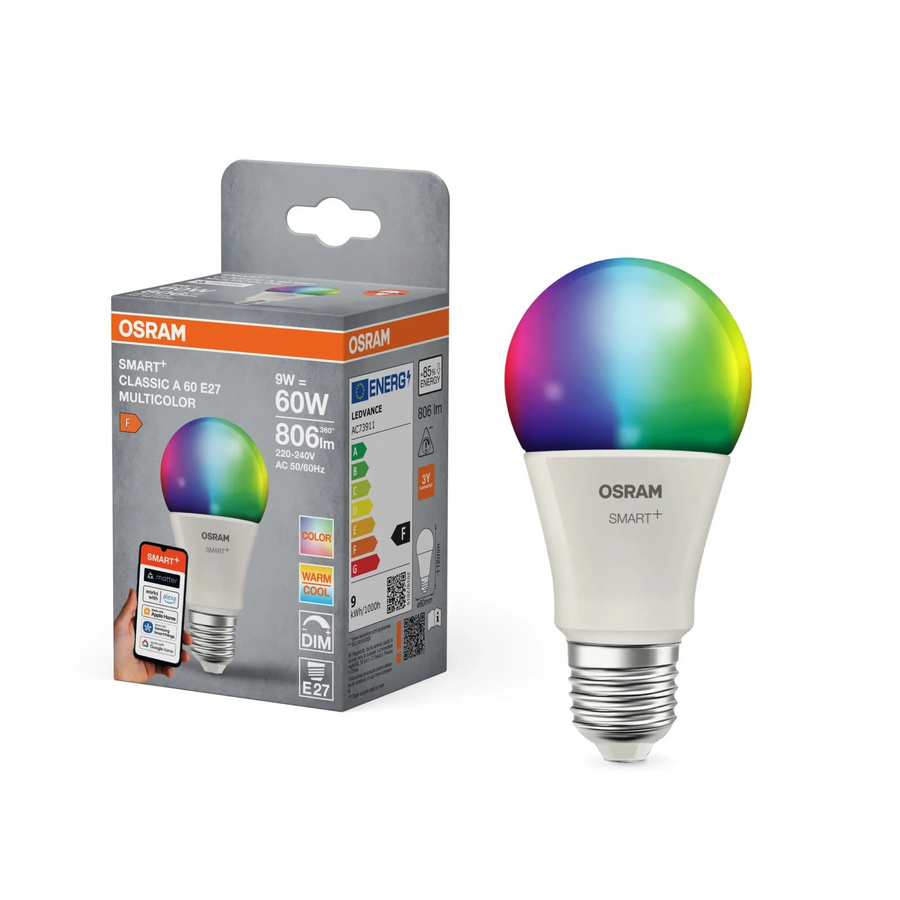 Osram Matter Smart LED Leuchtmittel E27 A60 RGBW, 9 W, 806 lm, Multicolour, Durchmesser: 6 cm, Höhe: 11,2 cm - Bild 2