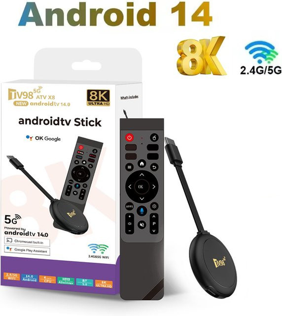 CLIBABIQBOX Smart TV Stick mit Android 14, Allwinner H313 Quad-Core, 8K 4K HD, Dual WLAN 4G 5G, Bluetooth 5.0 und Sprachfernbedienung, Schwarz - Bild 1