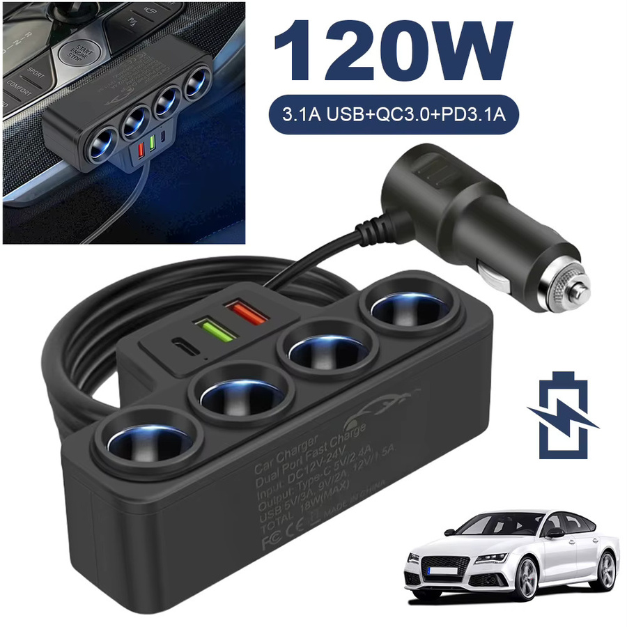 MOJOYCE 4-in-1 USB Typ-C Auto-Zigarettenanzünder-Verteiler 120W Schnellladegerät in Schwarz für 12V 24V Fahrzeuge, geeignet für Telefon, GPS und Dashcam - Bild 2