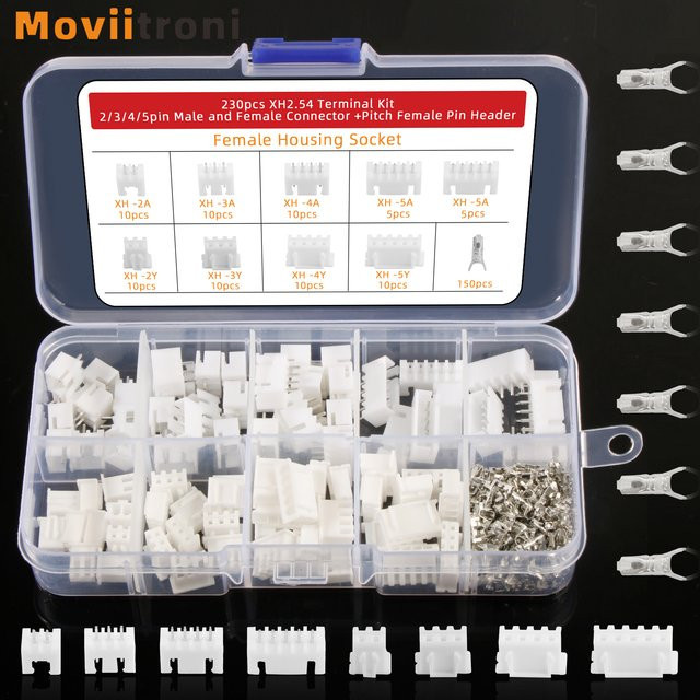 Moviitroni JST-Stecker-Set XH-2.54 mit 230 Stück, 2,54 mm Rastermaß, Stecker und Buchsen Gehäuse in Weiß - Bild 1