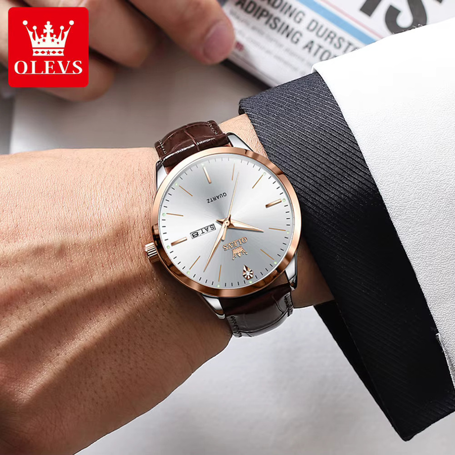 OLEVS Armbanduhr, Quarz, Edelstahl, Roségold, Leder, Herren - Bild 3
