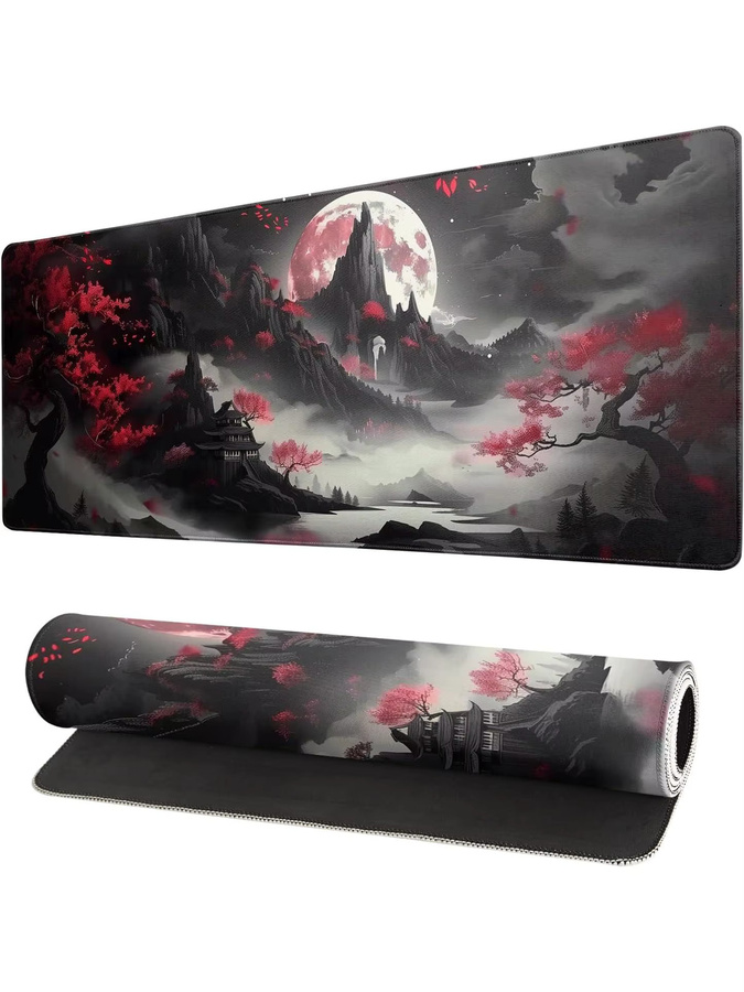 Japanisches rotes Vollmond-Mauspad mit schwarzem Riverside-Design für Gaming und Büro - Bild 7