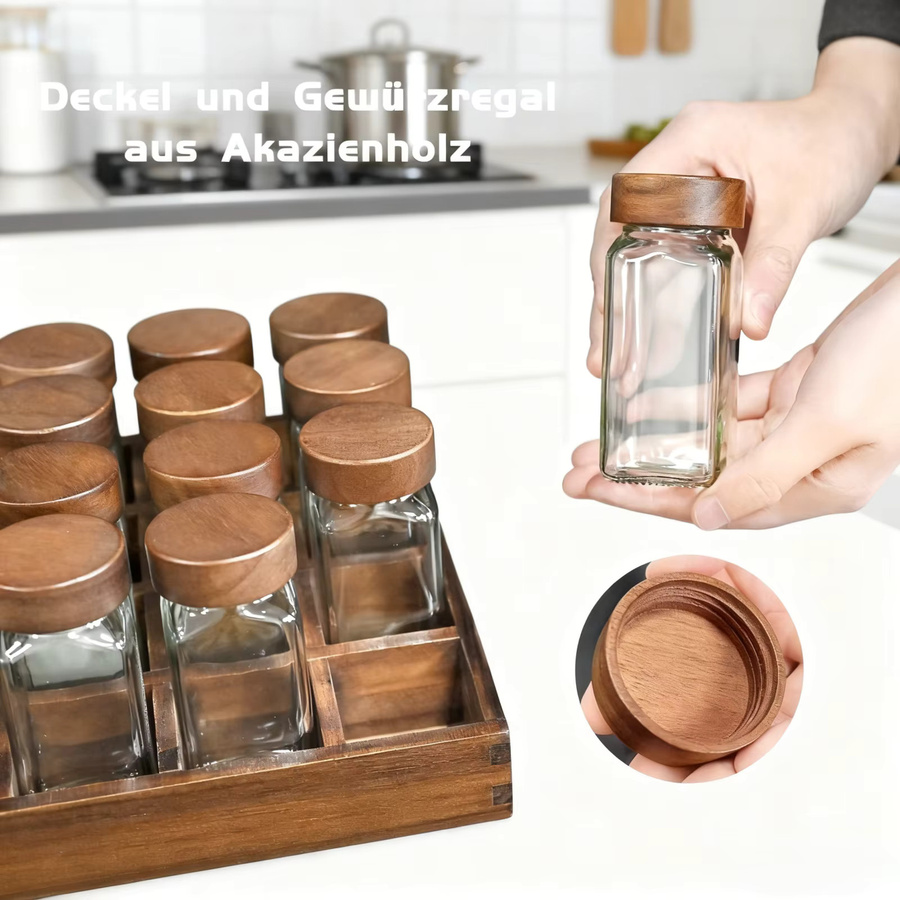 Saeiv Gewürzregal aus Akazienholz mit 12 Gewürzdosen aus Glas und Etiketten, Farbe: Braun, Volumen pro Dose: 120 ml - Bild 2