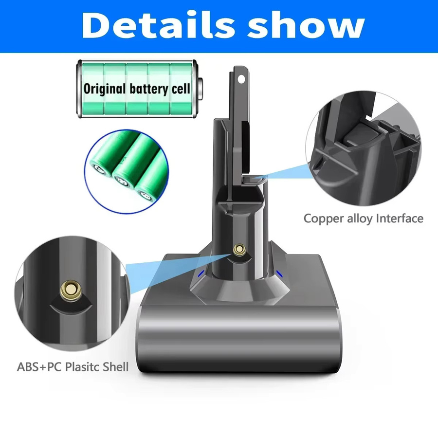 Ersatzakku für Dyson Staubsauger Serie V6 V7 V8 V10 V11 DC31A DC34B DC62 SV03 SV10 SV11 SV12 SV14 SV15 mit 6000 mAh in Schwarz - Bild 3