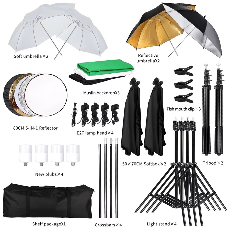 Fotografie-Beleuchtungsset mit Musselin-Hintergrund, Softbox, Regenschirm, Reflektor und Lichtstativ für dein Fotostudio - Bild 2