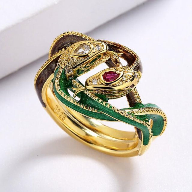 YIRAN Ring, Doppelter Schlangen-Totem, Emaille, beige, Unisex - Bild 1