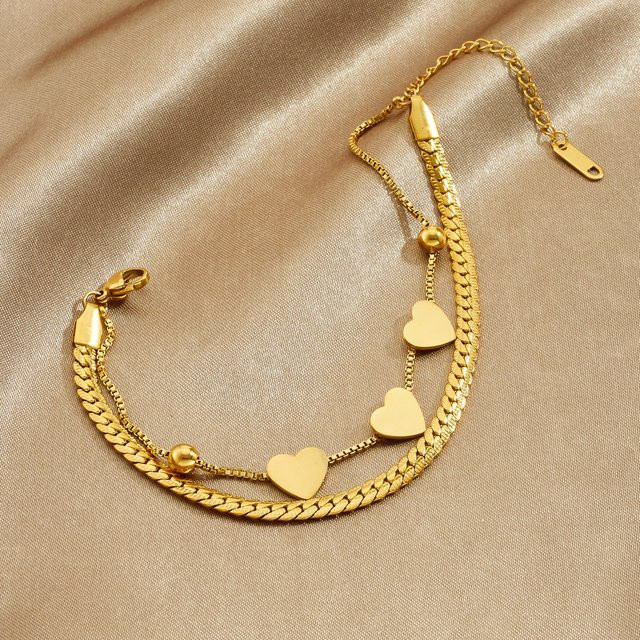XIYANIKE Armband, Doppel-Schicht Kette, Herz, Perlen, Edelstahl, Gold, Damen - Bild 1