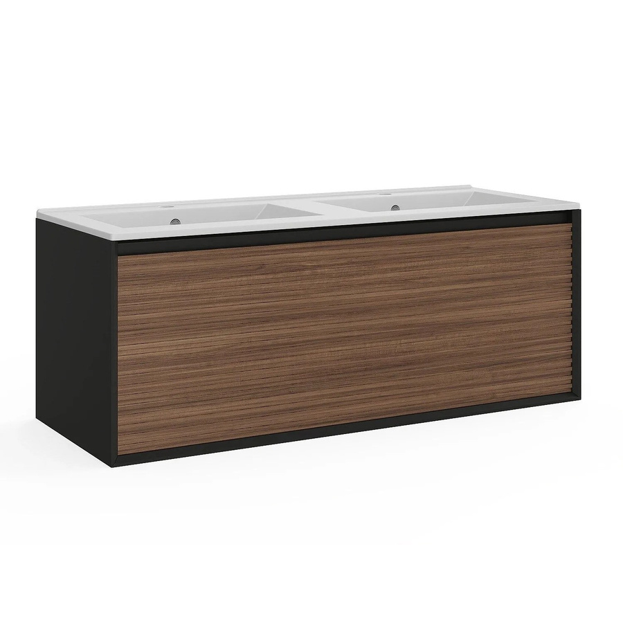 Vente-unique Doppelwaschtisch Baniva in Schwarz und Naturholz mit geriffeltem Design, B/T/H: 120 x 45 x 46 cm - Bild 2
