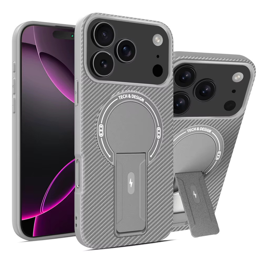 Kohlefaser-Handyhülle für iPhone 17 Air 16e 16 15 14 13 12 11 Pro Max Plus mit MagSafe und Rückständer in Grau - Bild 3
