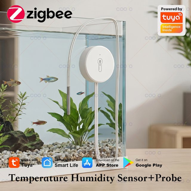 coolo Zigbee NTC Temperatur- und Feuchtigkeitssensor mit Edelstahlsonde in Weiß zur Messung der Flüssigkeitstemperatur für Aquarien, Pools, Badewannen, Gefrierschränke und Labore - Bild 1