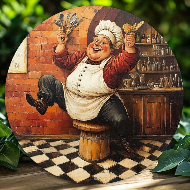 HELLOYOUNG Klassische 2D-Chef-Wandkunst aus Metall, rundes Küchendekor-Schild in Grün und Mehrfarbig, Durchmesser: 20,3 cm - Bild 1