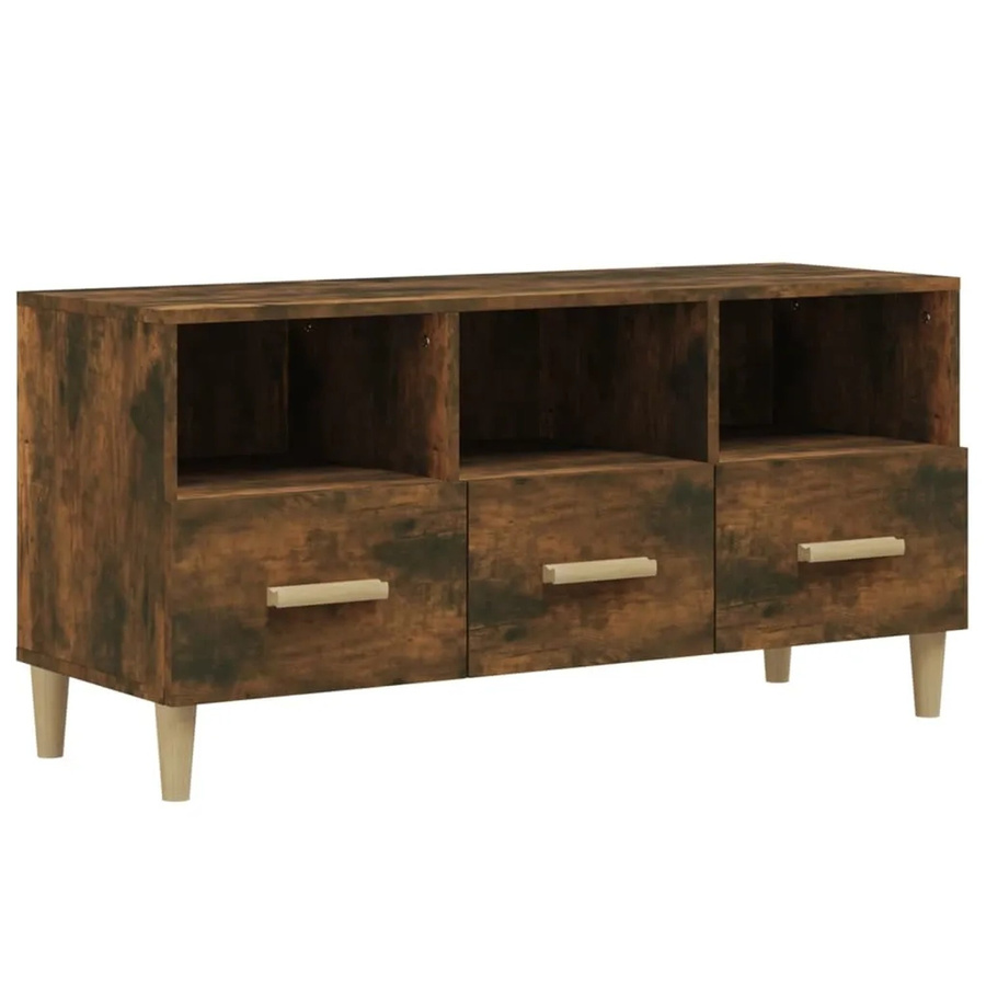 vidaXL TV-Schrank in Räuchereiche, moderner Mediaschrank aus Holzwerkstoff und Eukalyptus, Farbe: Braun, B/T/H: 102 x 36 x 50 cm - Bild 2