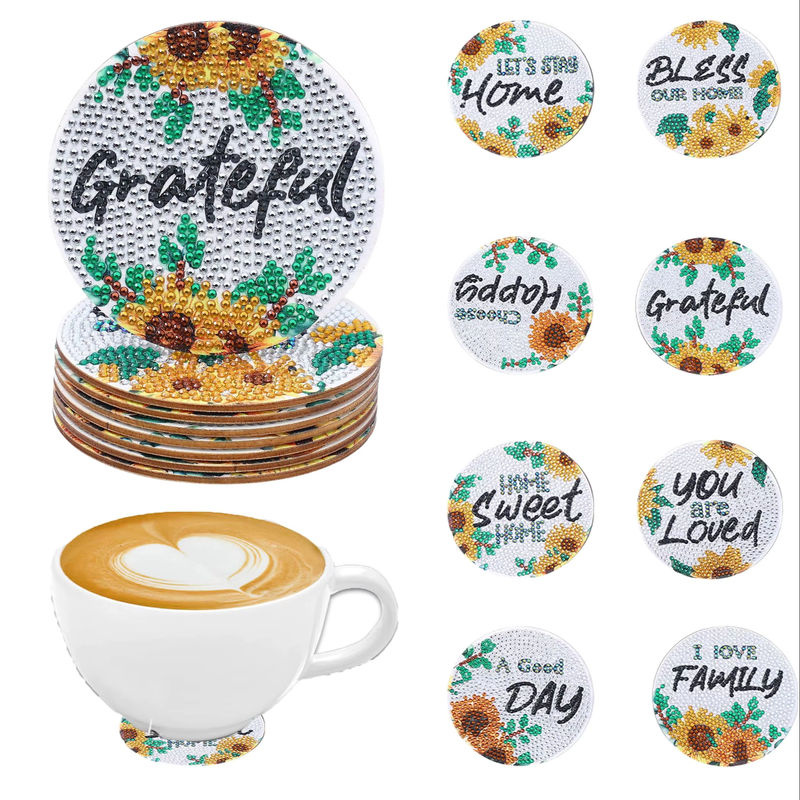 8-teiliges DIY-Diamant-Malerei-Kunstset mit floralem Buchstabenmuster und mehrfarbigen Kristall-Mosaik-Untersetzern aus Kunststoff - Bild 7