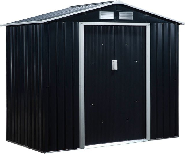 Outsunny Metall Gartenhaus Geräteschuppen aus verzinktem Stahl mit Schiebetüren und Bodenrahmen, Dunkelgrau, B: 213 cm, T: 130 cm, H: 173 cm - Bild 1