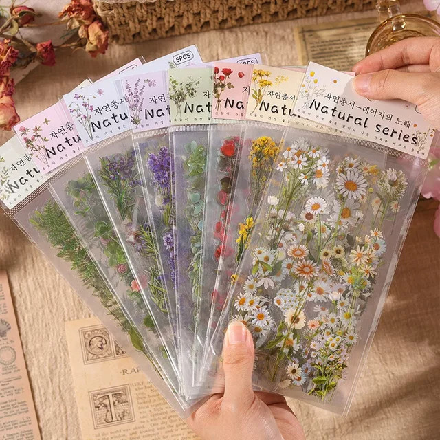 6er Packung Transparente PET-Aufkleber mit Blumen und Pflanzen für Scrapbooking und DIY Junk Journal Collage, Mehrfarbig - Bild 1