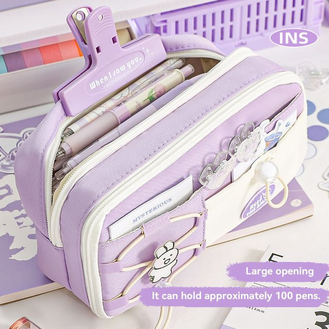 Kawaii Bleistiftetui mit 9 Schichten und Kordelzug, Große Kapazität Schreibwaren-Tasche für Schüler, Schwarz oder Lila - Bild 1