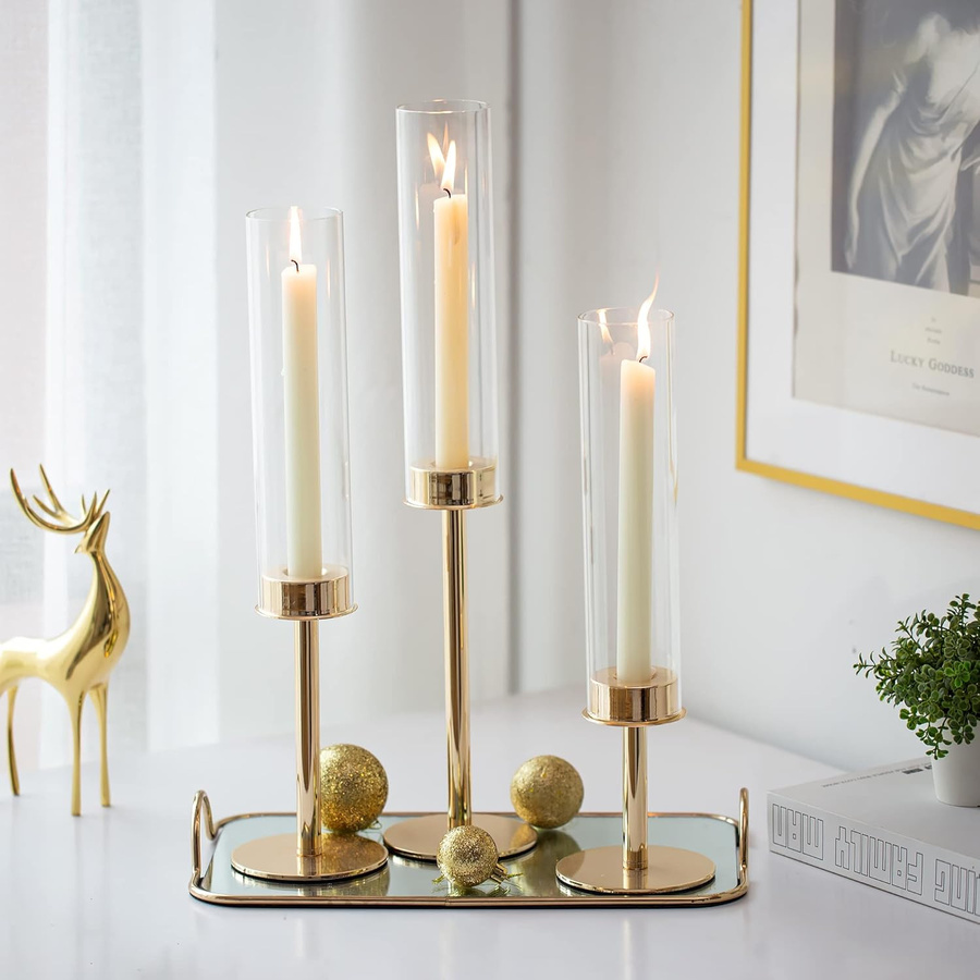 3-teiliges Kerzenhalter-Set von Yiran Furniture aus Metall und Glas in Gold für Stabkerzen - Bild 1