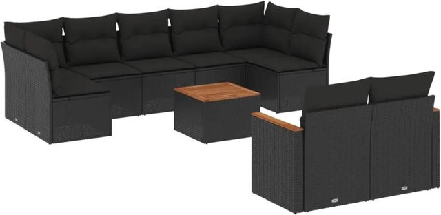 vidaXL 10-tlg Garten-Sofagarnitur in L-Form aus schwarzem Poly-Rattan mit Kissen und pulverbeschichtetem Stahlrahmen - Bild 1