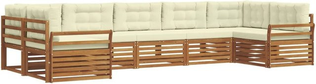 vidaXL 7-teilige Sofagarnitur L-Form aus Massivholz Akazie in Natur und Beige mit abnehmbaren Kissen - Bild 1