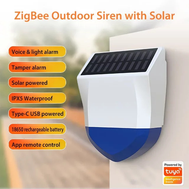 Tuya Smart Sirenenalarm für den Außenbereich, wasserdicht, mit Solar- und USB-Stromversorgung, 95 dB, Farbe: Weiß - Bild 1