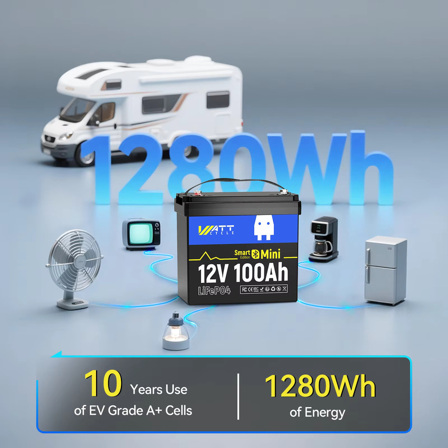 Wattcycle 12V 100Ah LiFePO4 Batterie mit Bluetooth, 1280Wh Kapazität, integriertes 100A BMS und Niedertemperaturschutz, Farbe: Schwarz - Bild 2
