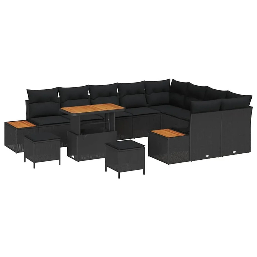 vidaXL Garten-Sofa-Set 12-tlg. aus Poly Rattan und Akazienholz in Schwarz mit Kissen - Bild 2