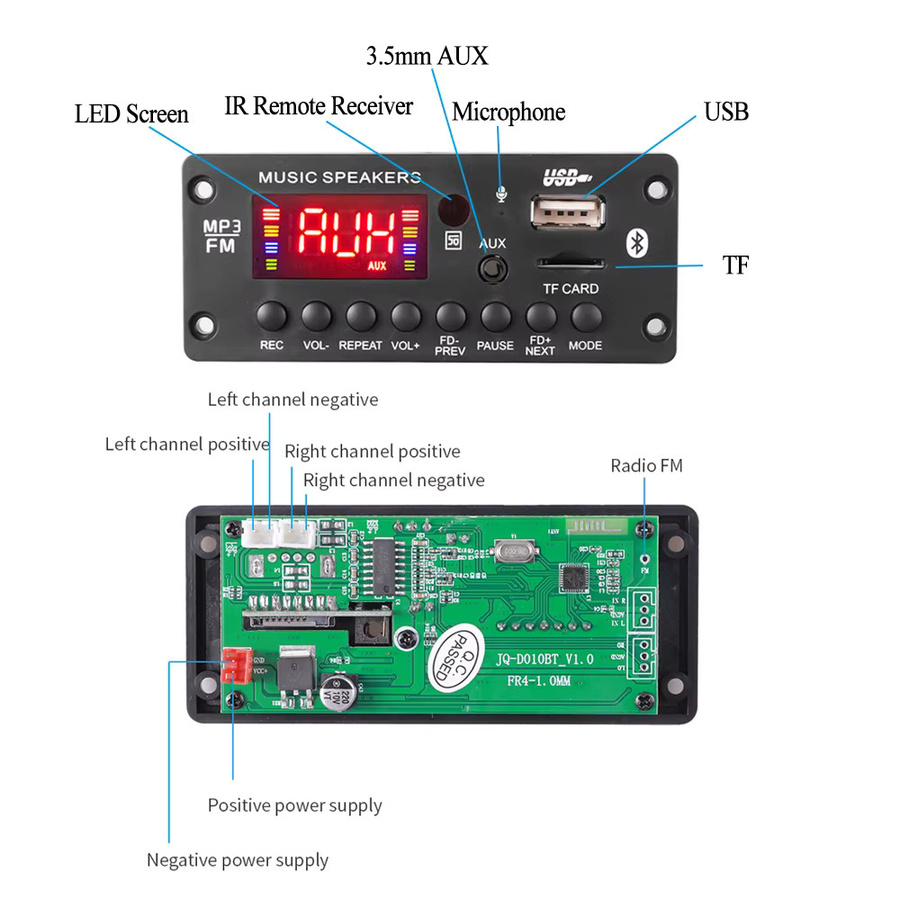 KEBIDU 50W Bluetooth MP3 WAV Decoder Board mit Stereo Verstärker, USB-A, TF und FM für Heim-MP3-Player oder Autoradio, Schwarz - Bild 5