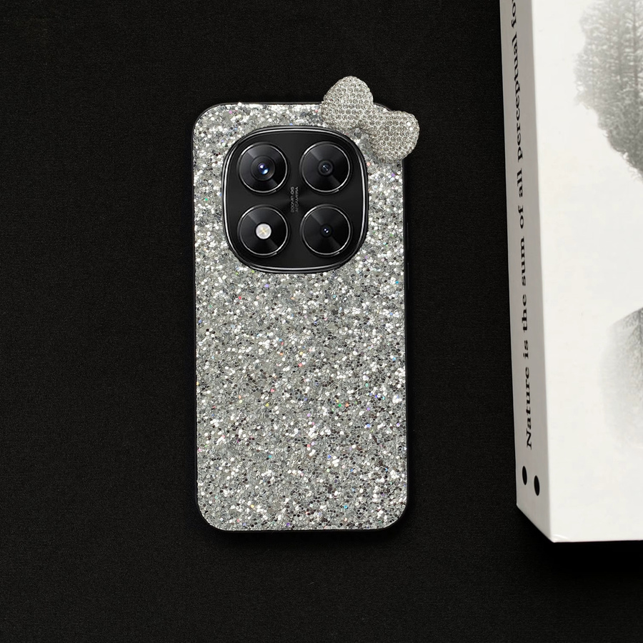 Luxuriöse Handyhülle mit Strass-Schleife und Glitzer aus Kunstleder für Xiaomi Redmi Note 14 15 Pro 4G 5G in Weiß und Silber - Bild 2