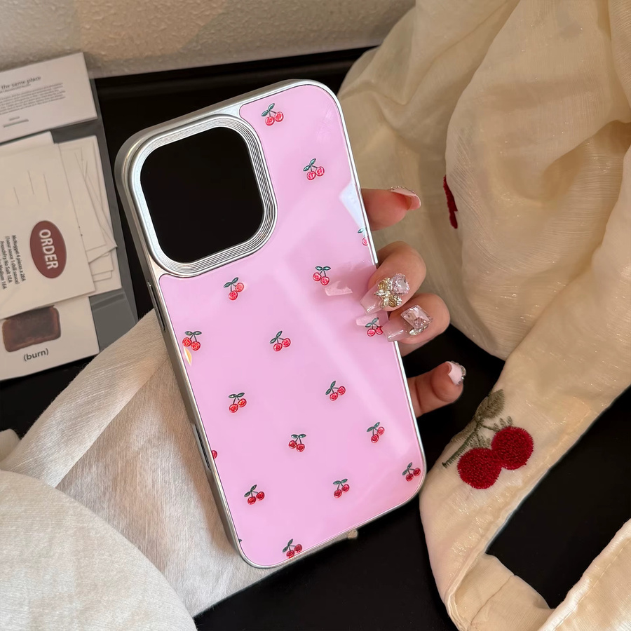 Potdemiel Handyhülle mit koreanischem Cartoon-Kirschmuster und silbernem Rand für iPhone 11 bis iPhone 17 Pro Max Plus, stoßfest, Farbe: Pink/Silber - Bild 2