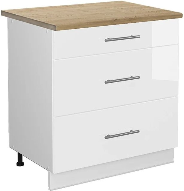 Vicco Küchenunterschrank Fame-Line Weiß Hochglanz mit 3 Schubladen und Eiche-Details, B: 80 cm, T: 60 cm, H: 82 cm - Bild 1