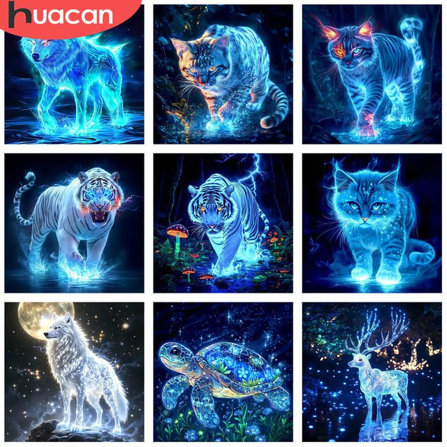 HUACAN 5D Diamant-Mosaik-Malerei Runde Tier-Wanddekoration mit Katze, Tiger und Wolf in Blau - Bild 1