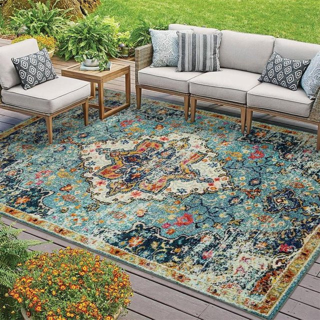 Karpetti Teppich im böhmischen Vintage-Stil für Wohnzimmer und Außenbereich, Grau/Mehrfarbig, B/T: 60 x 40 cm - Bild 1