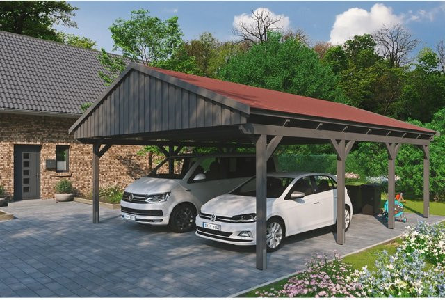 Skan Holz Carport Fichtelberg aus Fichte Leimholz in Grau mit spitzer Dachform, B/T: 618 x 808 cm, Höhe: 362 cm - Bild 1
