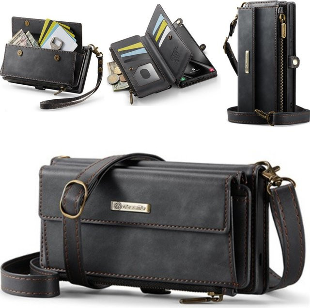 Samsung Galaxy S26 S25 S24 S23 S22 S21 Ultra Crossbody Brieftasche aus PU-Leder im Retro Vintage Design mit Reißverschluss und Kartenfach in Schwarz oder Lila - Bild 1
