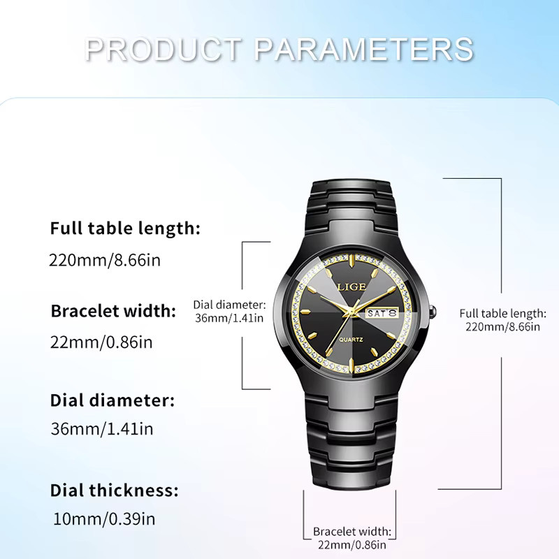 LIGE Armbanduhr Keramik, Quarz, Schwarz, Damen, Wochenkalender - Bild 6